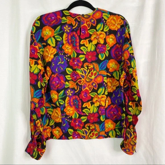 Vintage 80’s Bright Psychedelic Floral Paisley Print Long Sleeve Top Med - Picture 7 of 8